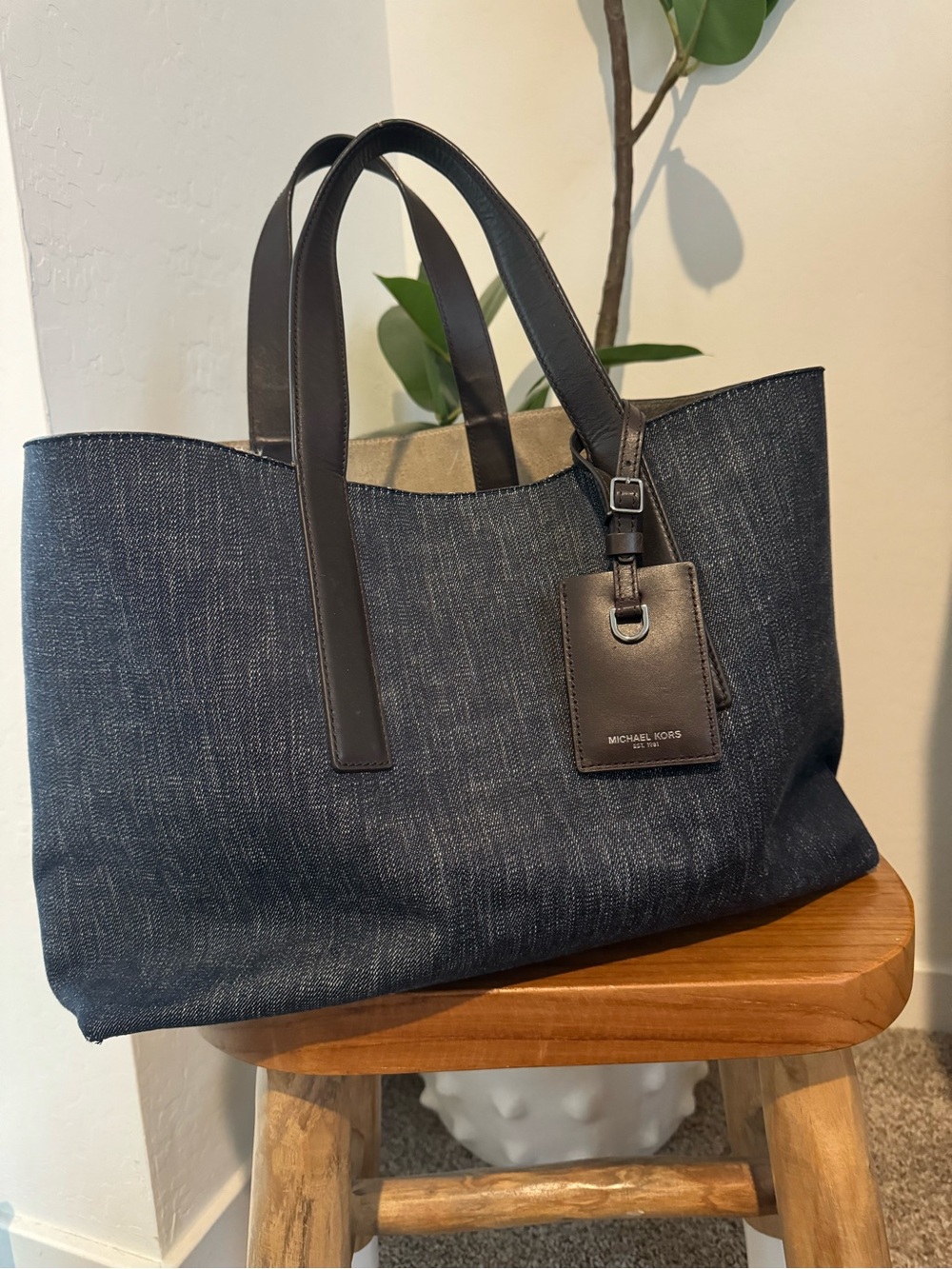 Michael Kors Dark Indigo Denim Tote with Black Leather Trim